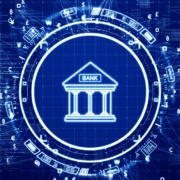 Virtual Bank. Digital technology concept Financial transactions, banking on online networks, protection systems with cyber security. Bank icon and currency connected polygon on dark blue background.
