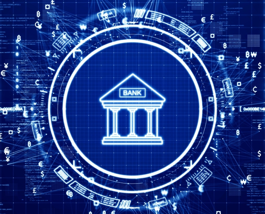 Virtual Bank. Digital technology concept Financial transactions, banking on online networks, protection systems with cyber security. Bank icon and currency connected polygon on dark blue background.