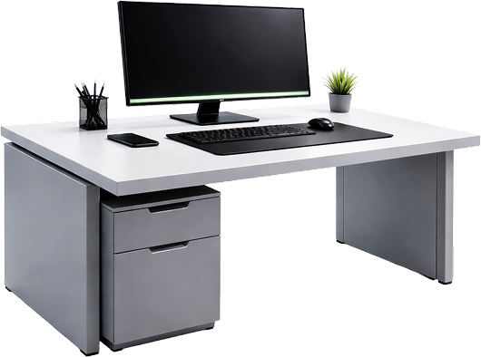 A modern white office desk with gray legs and a pedestal drawer unit, equipped with a monitor, keyboard, mouse, phone, and a