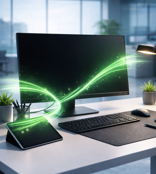 Glowing green light streams flow across a modern office desk with a monitor, tablet, keyboard, and mouse.