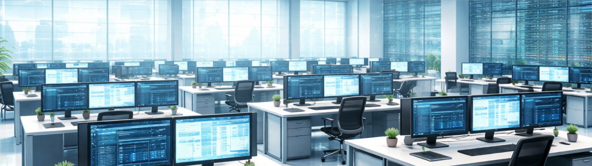 A modern open-plan office filled with rows of desks featuring multiple monitors displaying data, surrounded by large windows.