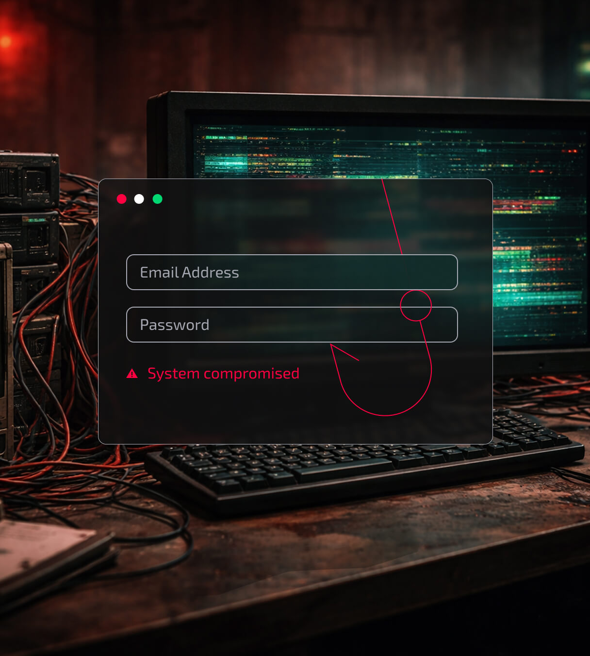Login form with email and password fields displaying a red "System compromised" warning over a dark hacker workstation.