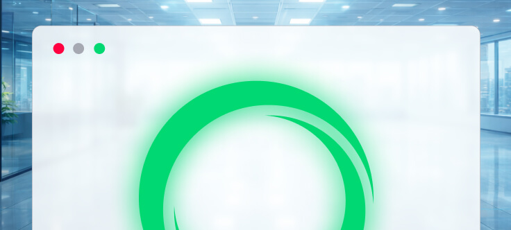 A browser window displaying a green circular loading graphic overlays a modern glass office corridor.