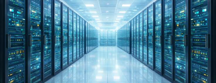 A brightly lit data center corridor lined with rows of illuminated server racks extending into the distance.