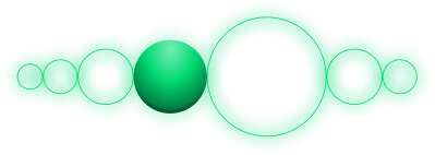 A row of green circles varying in size with a central shaded green sphere and glowing halos, illustrating eliminated conceal