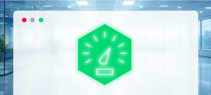 A green hexagonal speedometer icon on a browser window, set against a modern office background with glass walls.