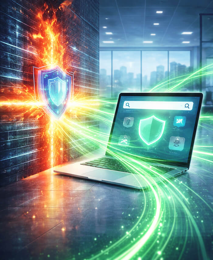A laptop with a glowing green shield on its browser sends data streams bypassing a fiery brick firewall with a security