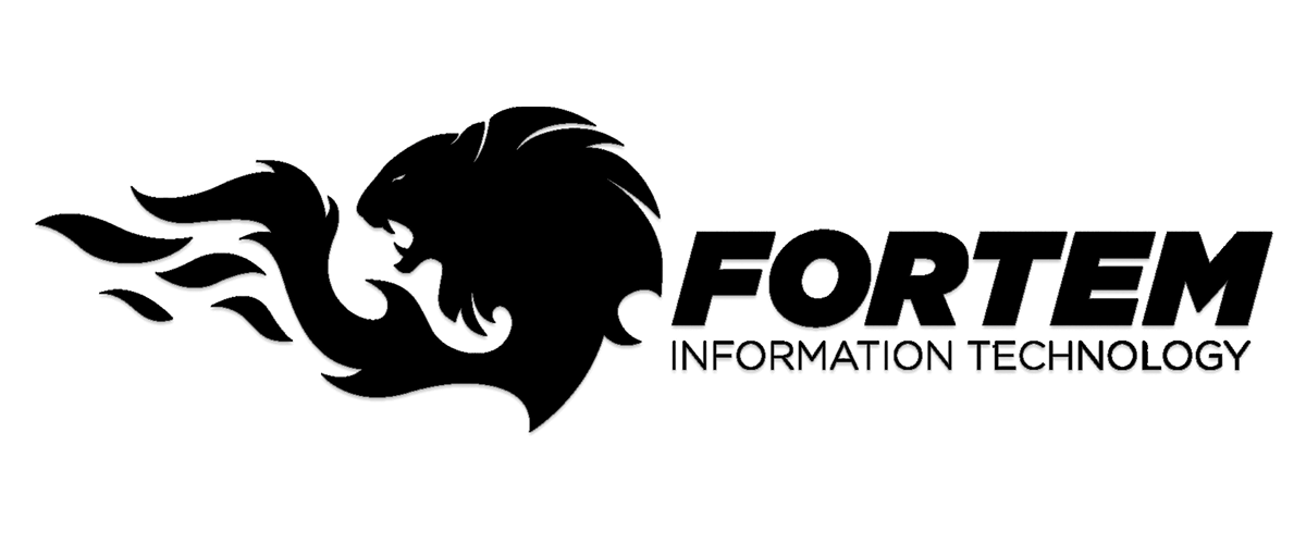 Fortem Information Technology logo featuring a black stylized lion head with flowing mane and flame-like tail design.