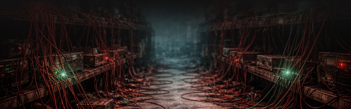 A dark, dystopian corridor lined with tangled red cables and decaying machinery with glowing green and red indicator lights.