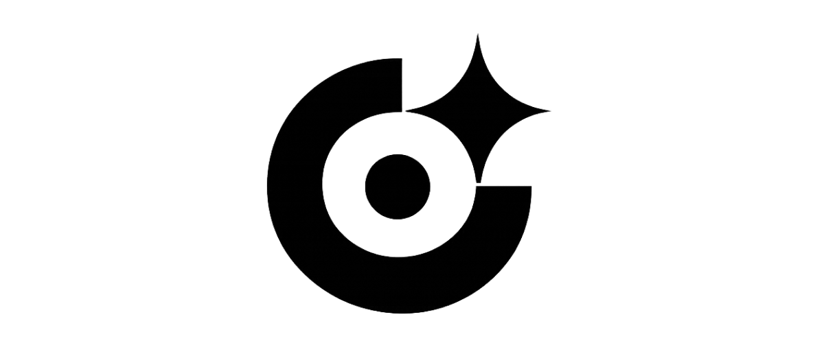 OpenText logo featuring a black circular spiral shape with a four-pointed star accent on the upper right.