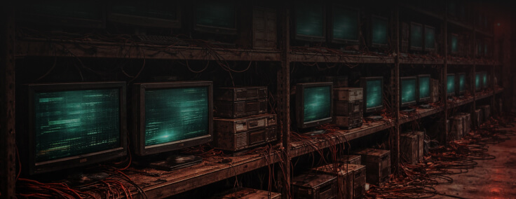 Rows of old CRT monitors glowing with green text line a dark, cluttered room filled with tangled cables and aging hardware.