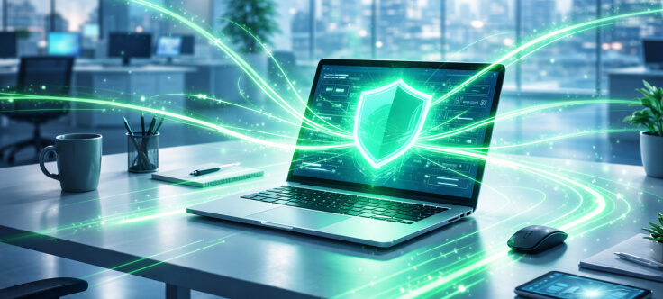 A laptop on an office desk displays a glowing green shield icon with dynamic energy streams representing real-time