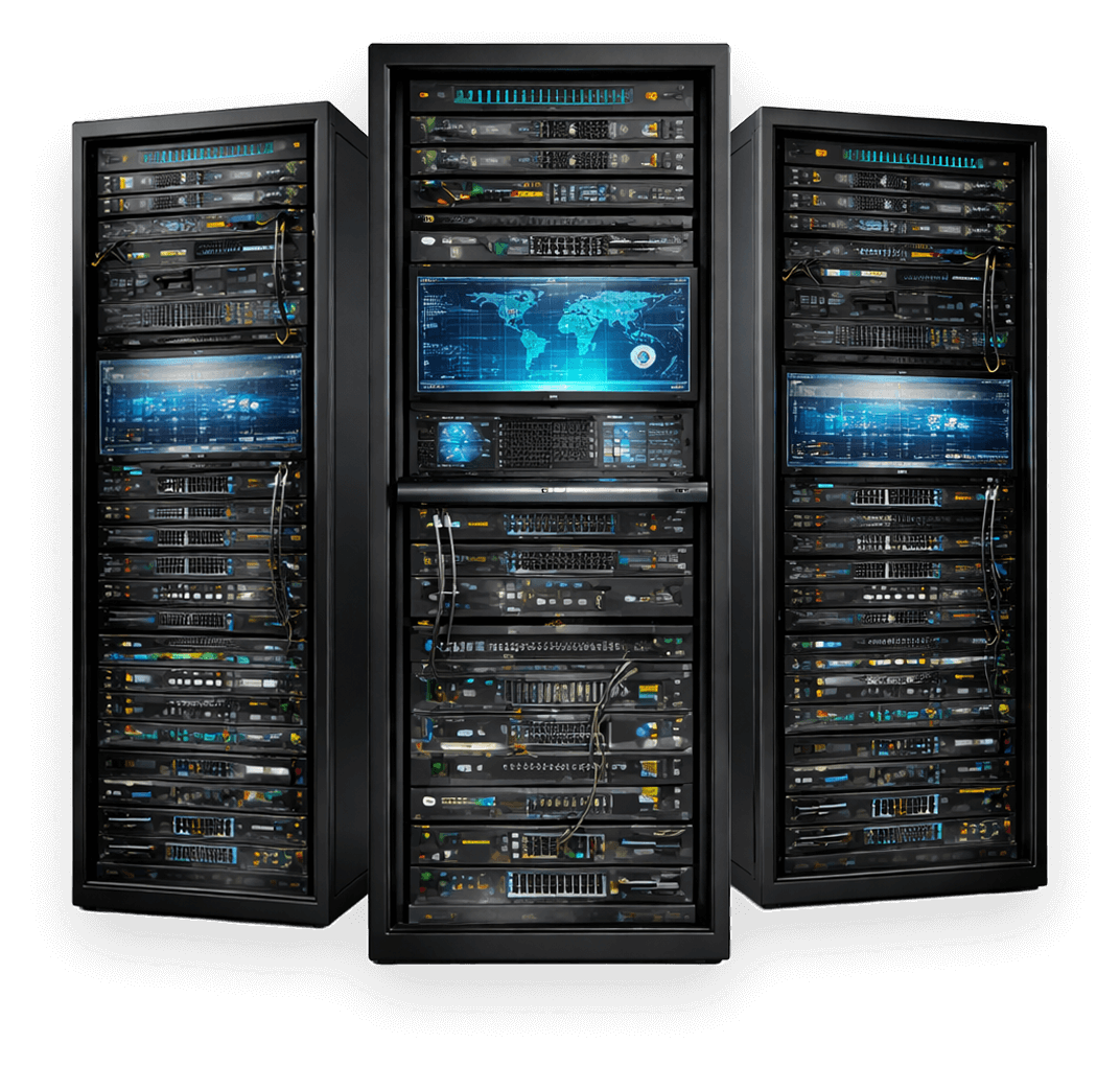 Three data center server racks with glowing blue monitoring displays showing a global network map and system dashboards.