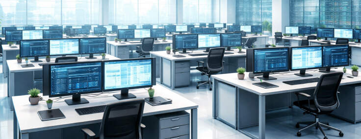A modern open-plan office with rows of dual-monitor workstations displaying blue data dashboards on clean white desks.