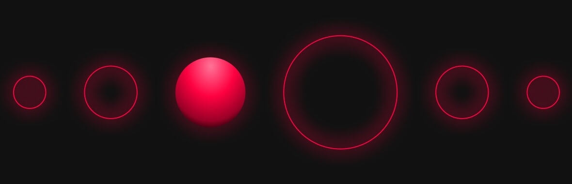 Glowing red circles and rings of varying sizes arranged in a row against a dark background, symbolizing risk shifting