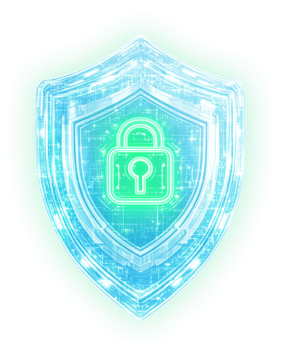 A glowing blue translucent digital shield with a green padlock icon at its center, symbolizing cybersecurity protection.