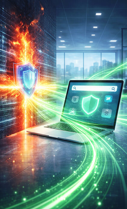 A laptop with a glowing shield icon on screen sits beside a fiery firewall, surrounded by green energy streams in an office.