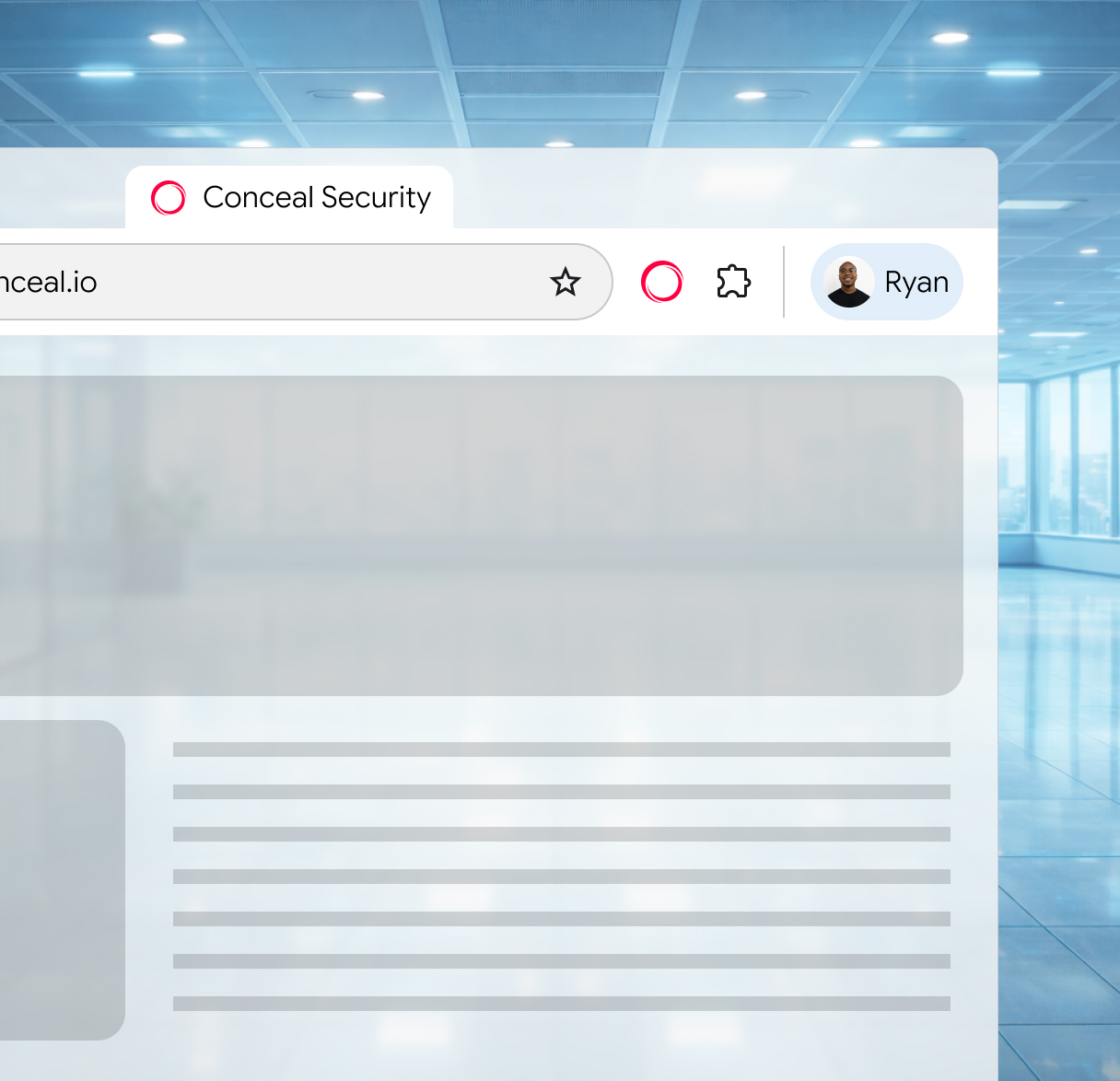 A browser window open to Conceal Security at nceal.io overlaid on a bright modern office environment.