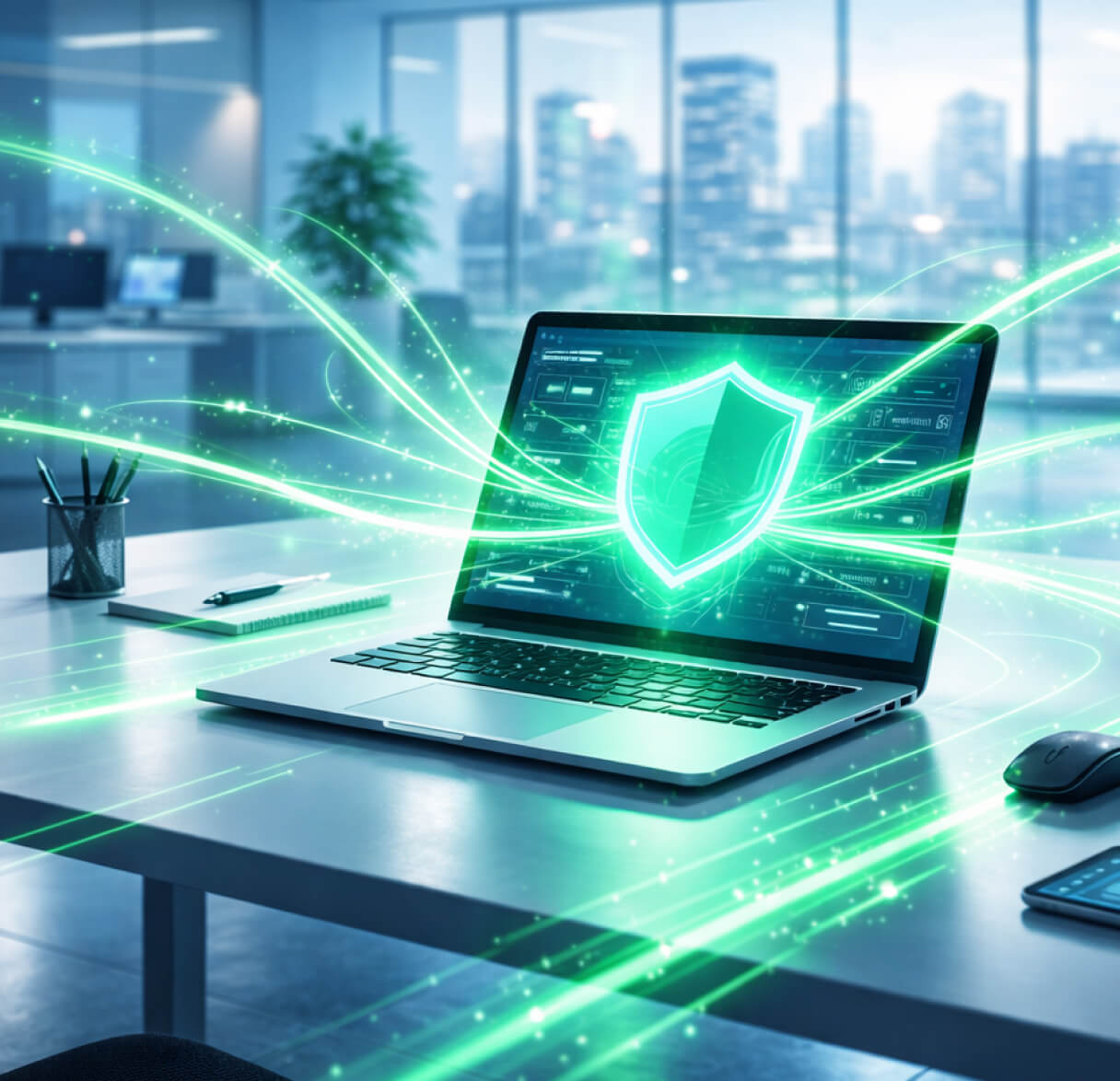 A laptop on an office desk displays a glowing green shield icon with radiating energy streams symbolizing browser security.