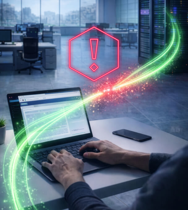 A person typing on a laptop in an office as a glowing red warning icon and green digital light streams hover above the
