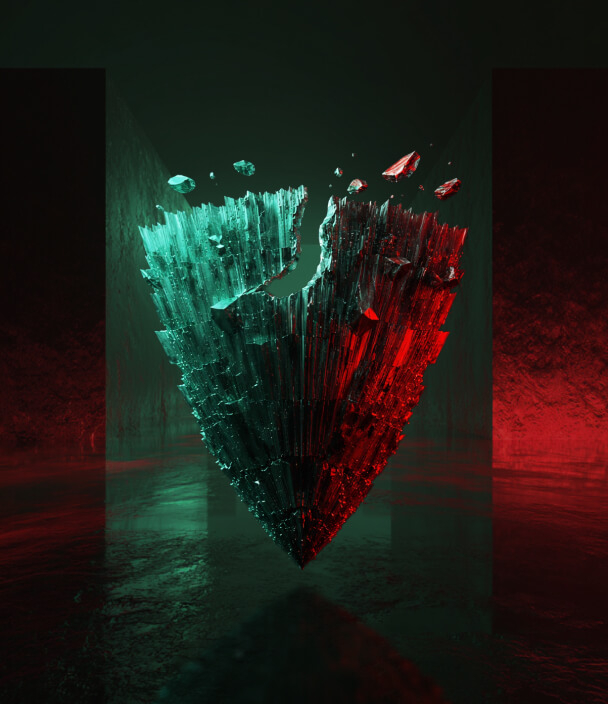 A shattered crystalline heart-shaped structure split between teal and red halves floats in a dark, moody environment.