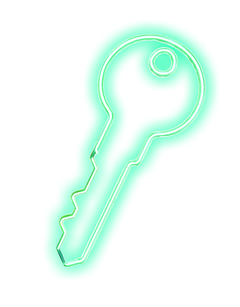 A glowing green neon key icon with a round bow and jagged blade on a white background.