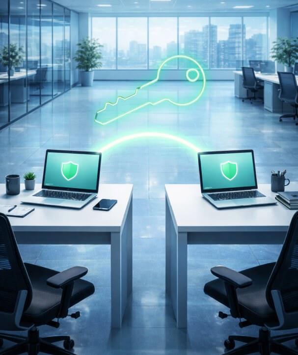 Conceal-Unmanaged-Third-Party-Access Two laptops with shield icons on their screens connected by a glowing key symbol in a modern office setting.