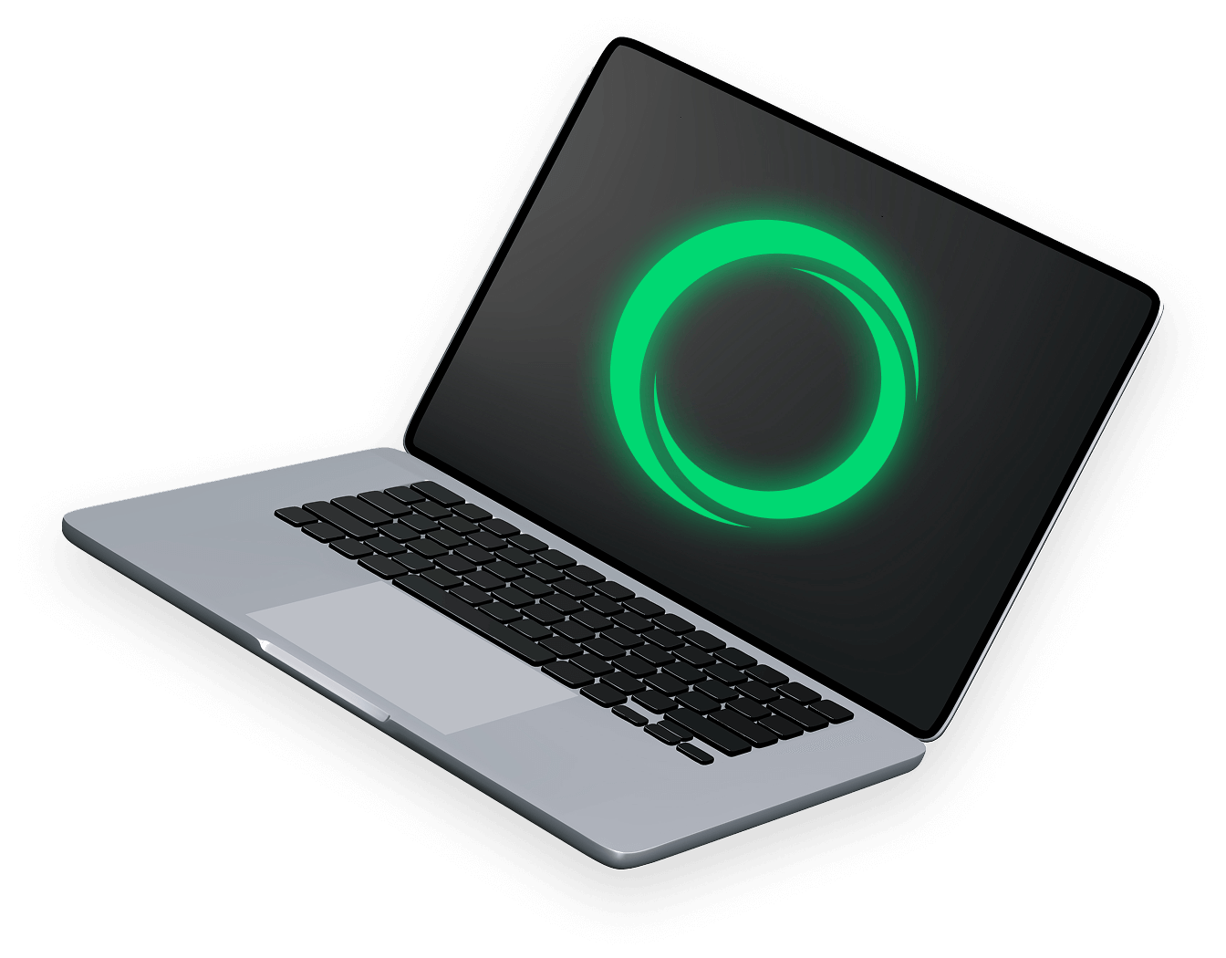 Open silver laptop displaying a glowing green circular verification icon on a dark screen.