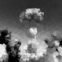 A heavily pixelated black-and-white portrait of Paul Halliday rendered in a cubist-style mosaic of geometric fragments.